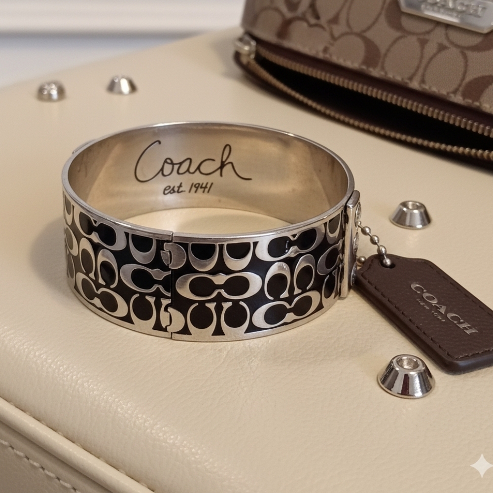 Coach Silver black Enamel Bangle Bracelet
